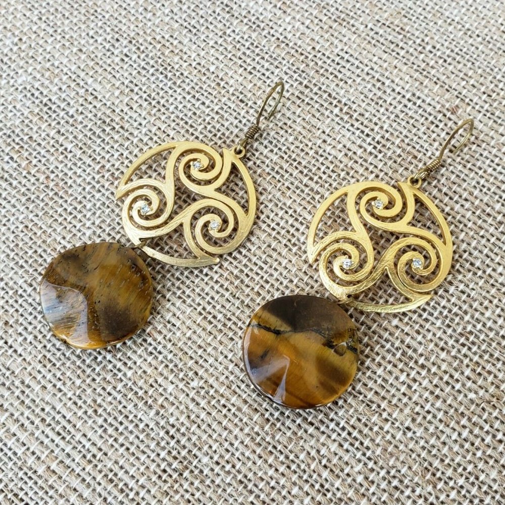 Tiger Eye Stone Gold Circle Drop Earrings